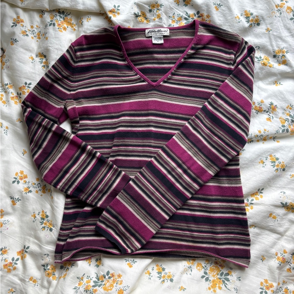 Eddie Bauer Striped V-Neck Long Sleeve Top in Plum, Gray & Cream